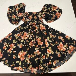 Altar'd State Black and Orange Ruched Puff Sleeve Sundress